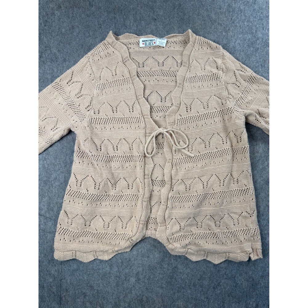 Mainstreet Blues Cardigan Women L Tan Ramie Cotton Pointelle Boho Knit Tie Front